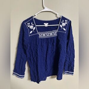 J. Crew Top Size XS Cottage Boho Square Neck Embroidered Blue Floral Peasant